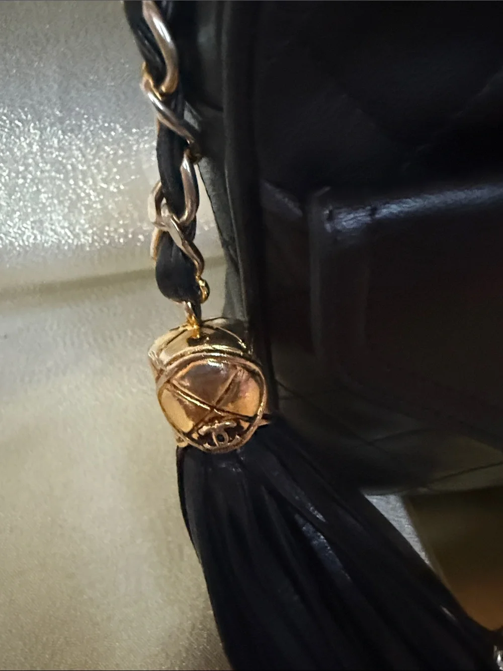 CHANEL Black Quilted Lambskin Shoulder Camera Bag with Tassel Vintage